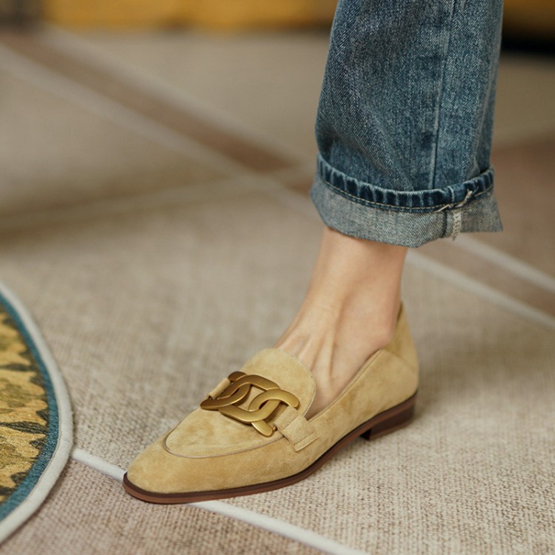 Embroidery Flat Shoes - 여성용 스웨이드 가죽 로퍼, 로우힐, 라운드