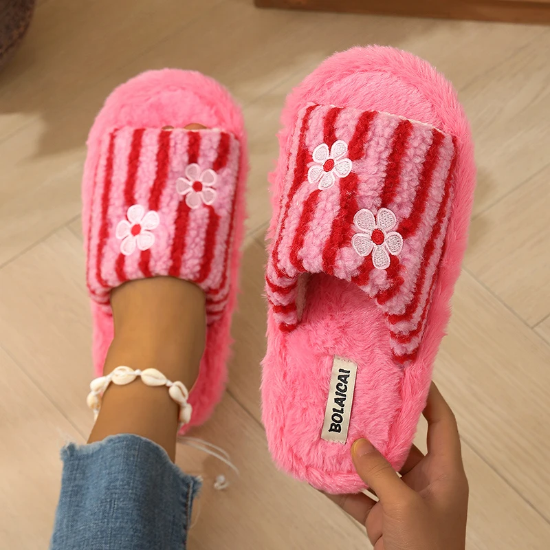 꽃 자수 스트라이프 플러시 슬리퍼 여성 패션 오픈토 소 - Embroidery Flower 리뷰 및 가격