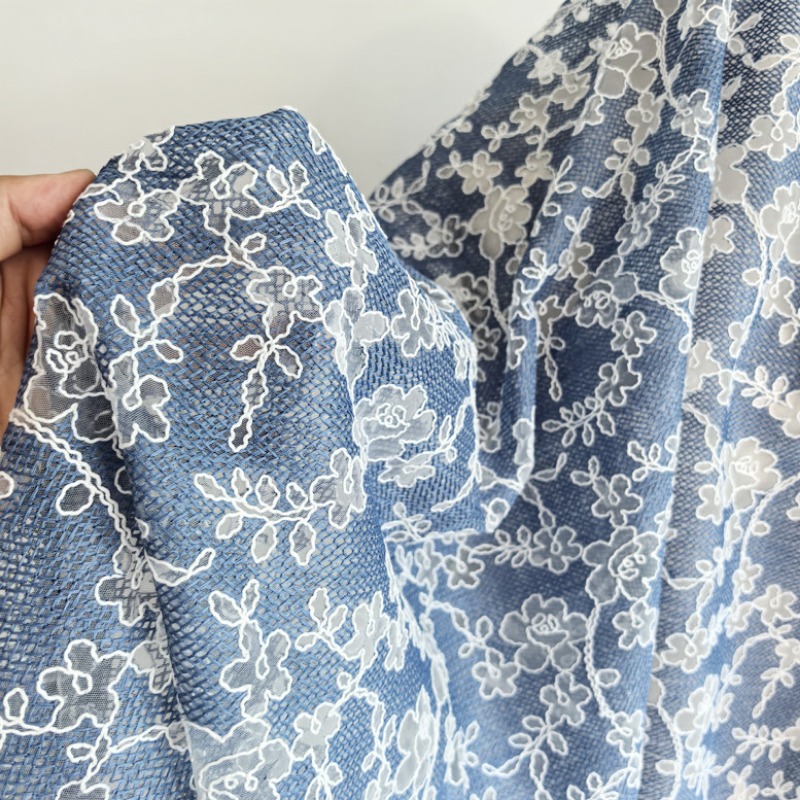 꽃 자수 튤 레이스 원단 블루 베이스 화이트 플라워 패 - Embroidery Flower Pattern 리뷰 및 가격