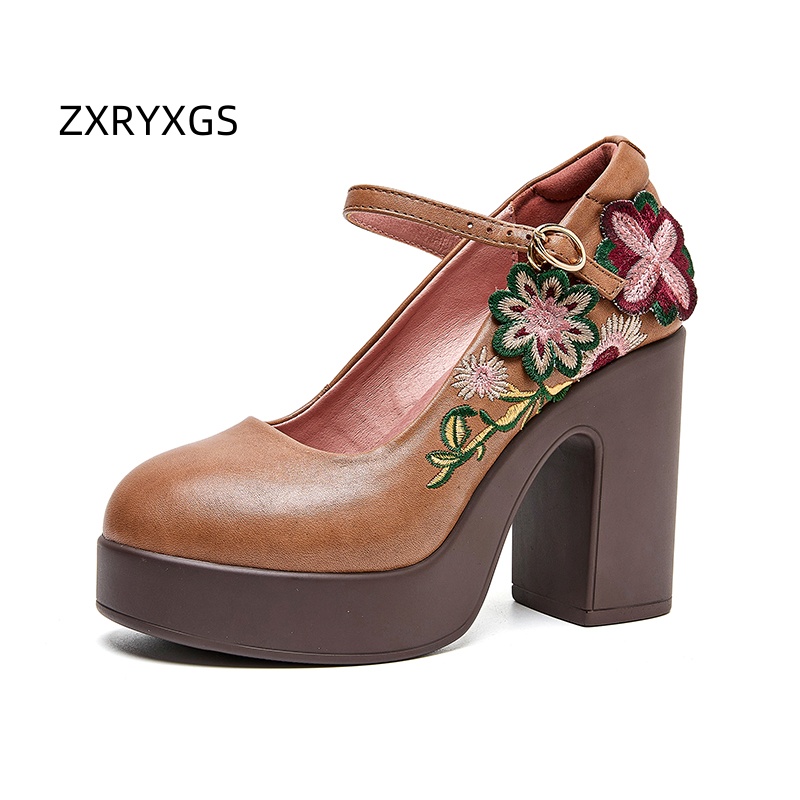 ZXRYXGS 탑 레이어 소가죽 자수 꽃 신발 패셔너블 - Embroidery Flower 리뷰 및 가격