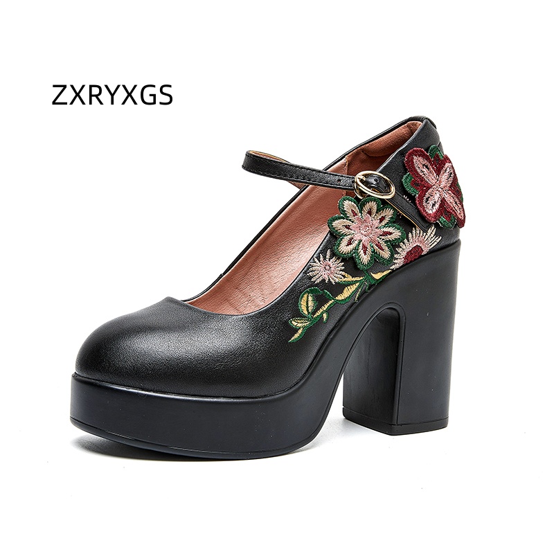 ZXRYXGS 탑 레이어 소가죽 자수 꽃 신발 패셔너블 - Embroidery Flower 리뷰 및 가격